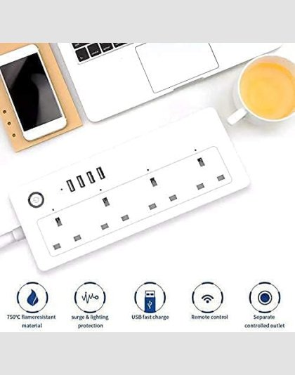 توصيلة كهرباء ذكية للتحكم في الأجهزة المنزلية عن بُعد، 4 مقابس 13 امبير، 4 منافذ USB، متوافق مع اليكسا وجوجل هوم