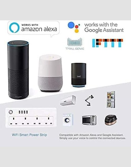 توصيلة كهرباء ذكية للتحكم في الأجهزة المنزلية عن بُعد، 4 مقابس 13 امبير، 4 منافذ USB، متوافق مع اليكسا وجوجل هوم