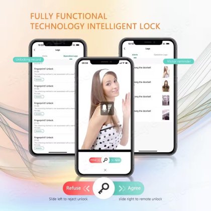 جرس الباب الذكي بالفيديو مع قفل ذكي ، بصمة الإصابع، كلمة السر، بطاقة، تطبيق الجوال، والمفتاح