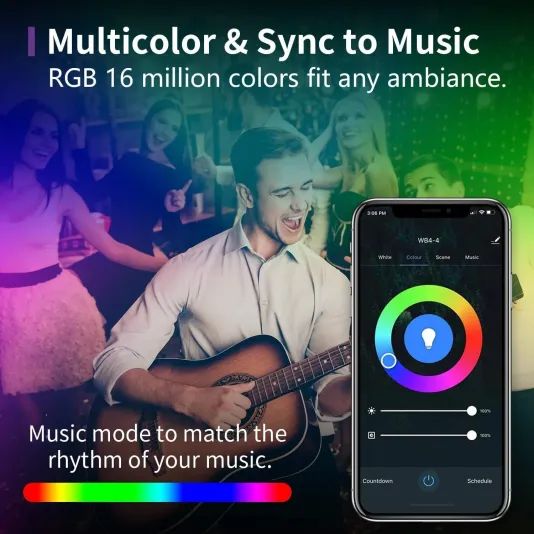 Smart light bulbs compatible with Alexa and Google Home, multi-color, music sync, 4-piece pack, 10 watts.