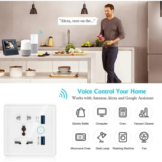 Smart Wi-Fi Plug for controlling electrical devices, with USB ports, compatible with Amazon Alexa and Google Home.